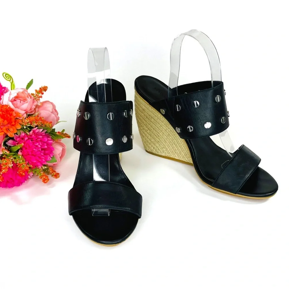 Rebecca Minkoff Black Leather Emily Studded Espadrille Sandals Size 9 - Picture 1 of 7
